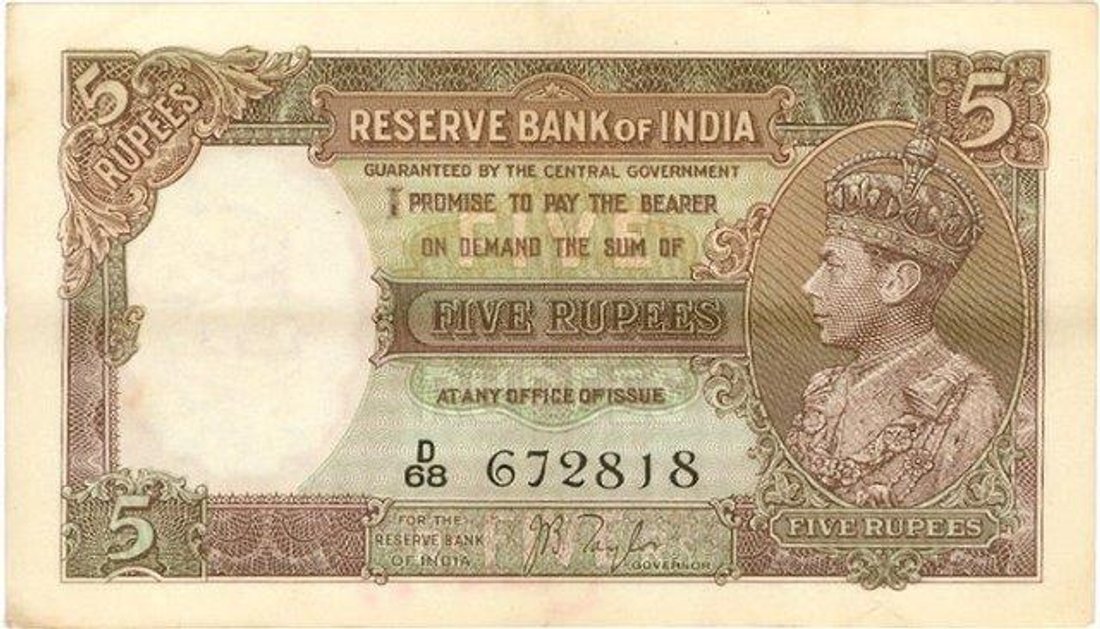 In January 1938 Reserve Bank of India ( RBI ) issues first five rupee note having portrait of King George VI